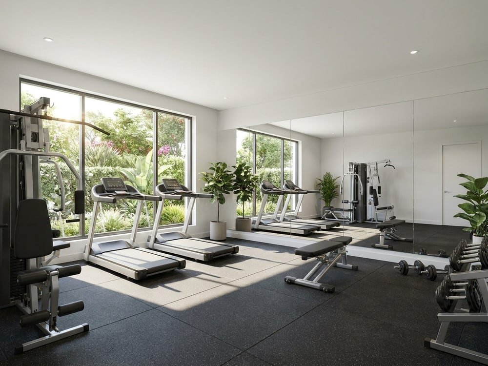 Academia equipada com vista para o jardim