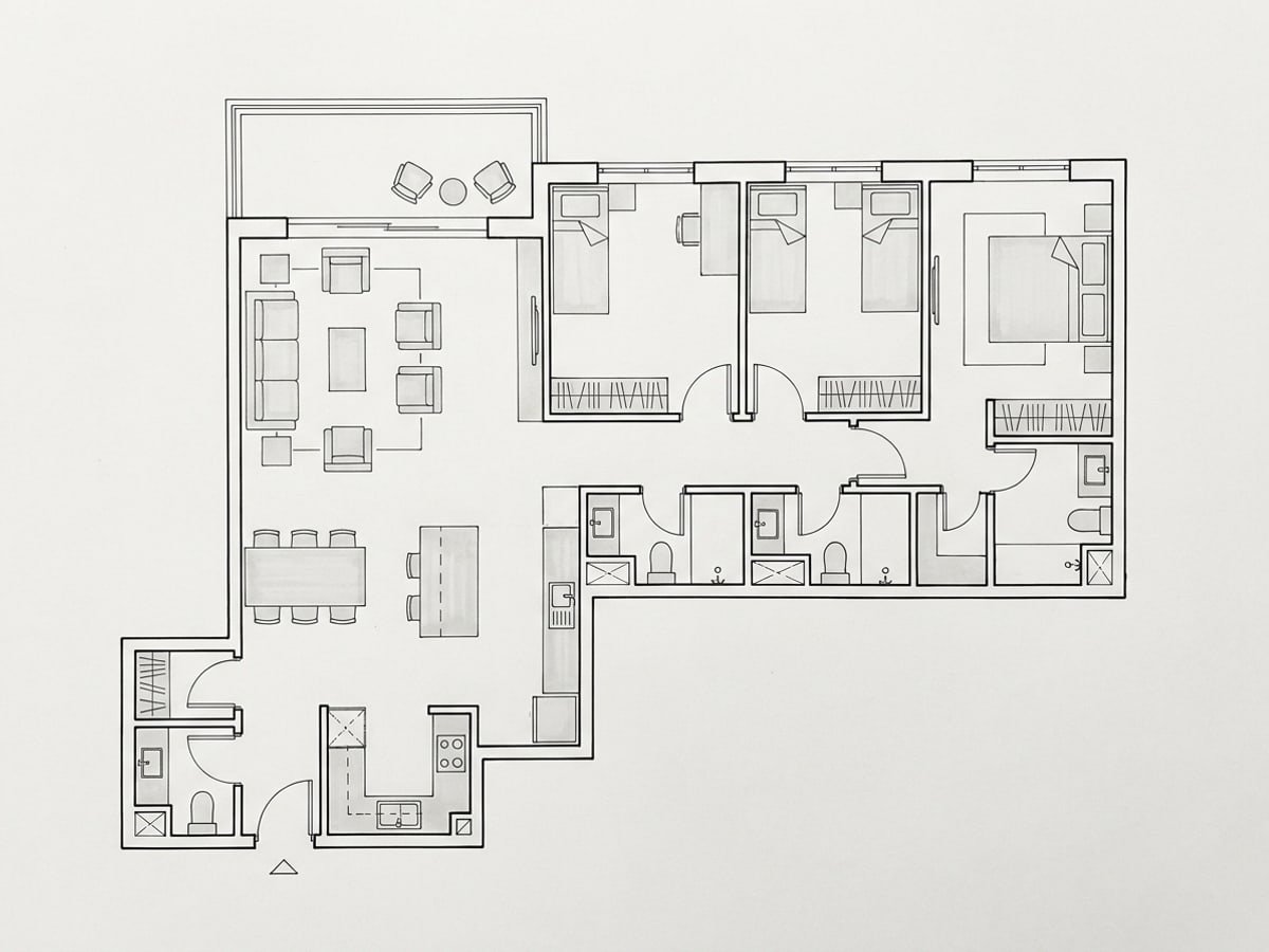 Planta baixa do apartamento tipo B, três quartos