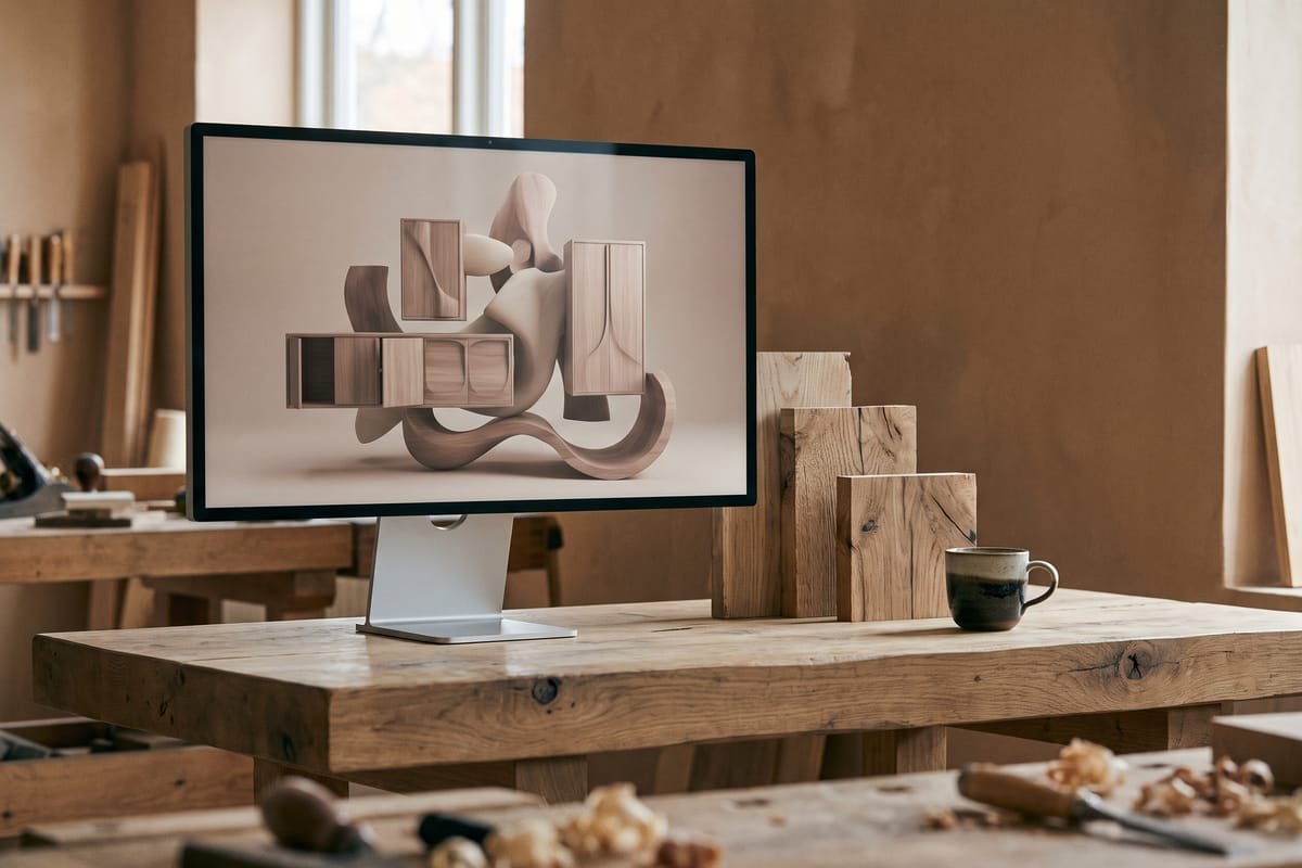 Monitor na oficina exibindo o 3D da marcenaria, ao lado de amostras de madeira