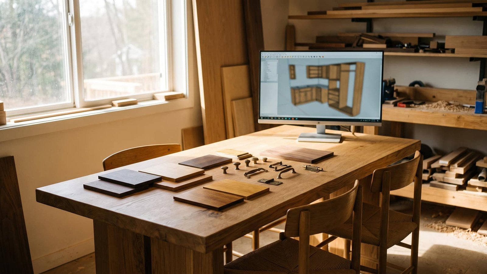 Mesa de atendimento com amostras de madeira e ferragem