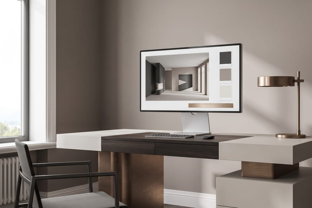 Monitor exibindo o render 3D do ambiente, com amostras de acabamento ao lado