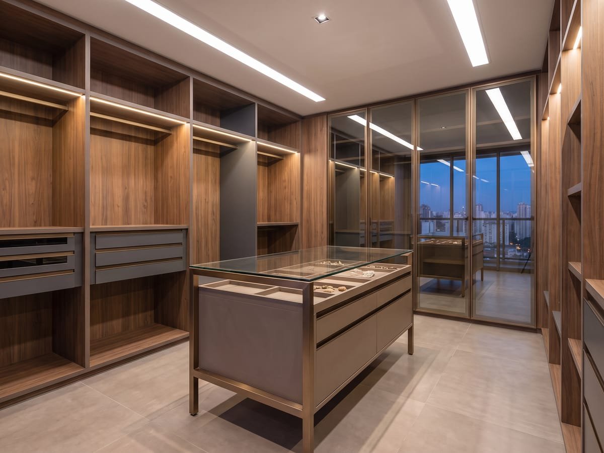 Closet com módulos abertos, ilha central e portas de vidro