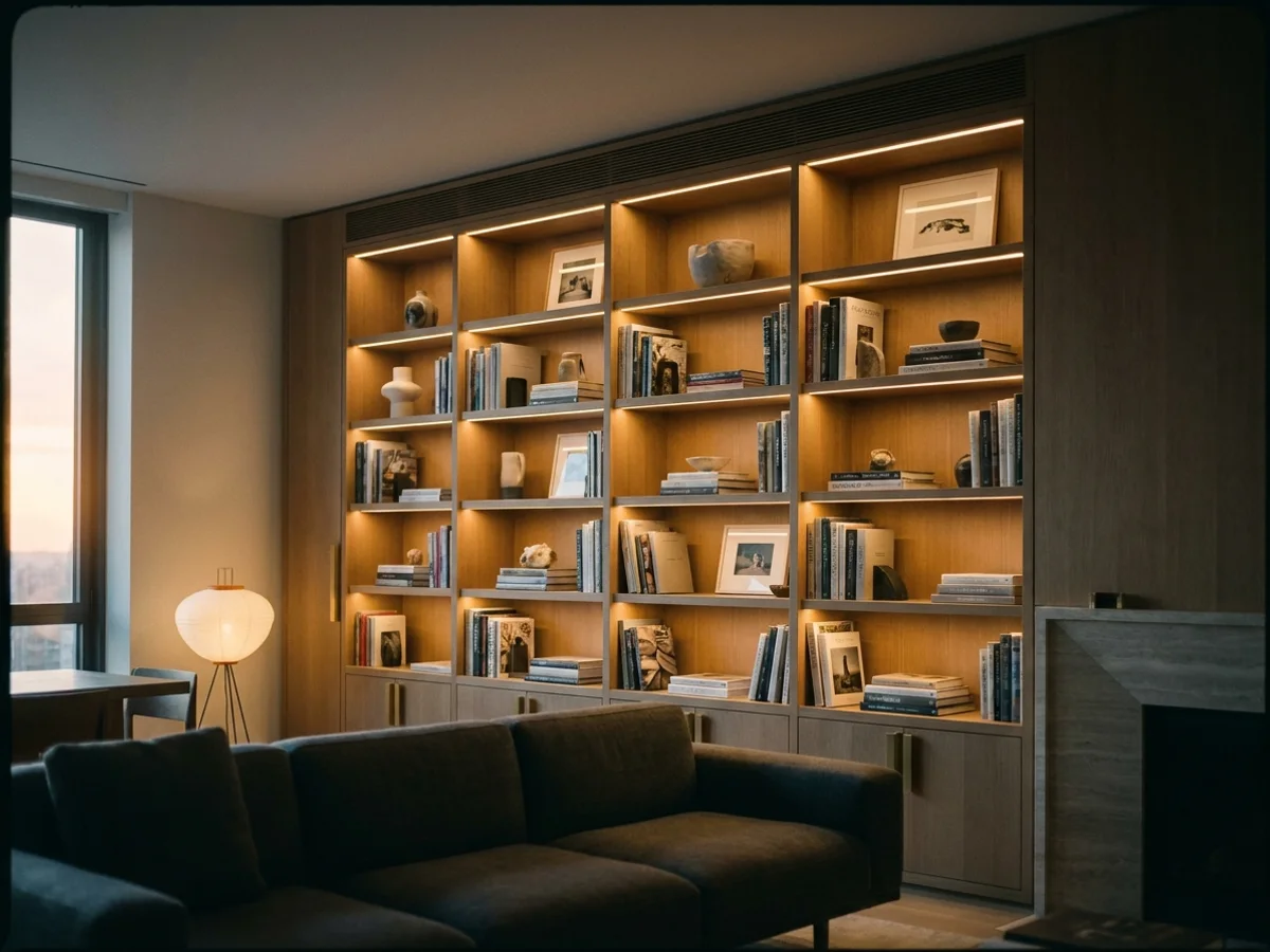 Estante de piso a teto em carvalho com iluminação linear em sala contemporânea