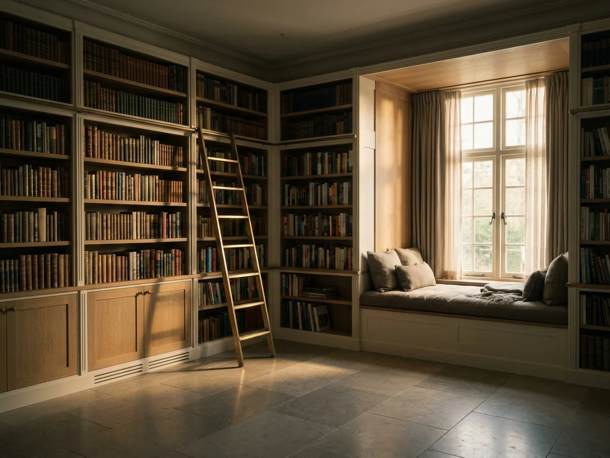 Biblioteca em L com escada de trilho em apartamento amplo