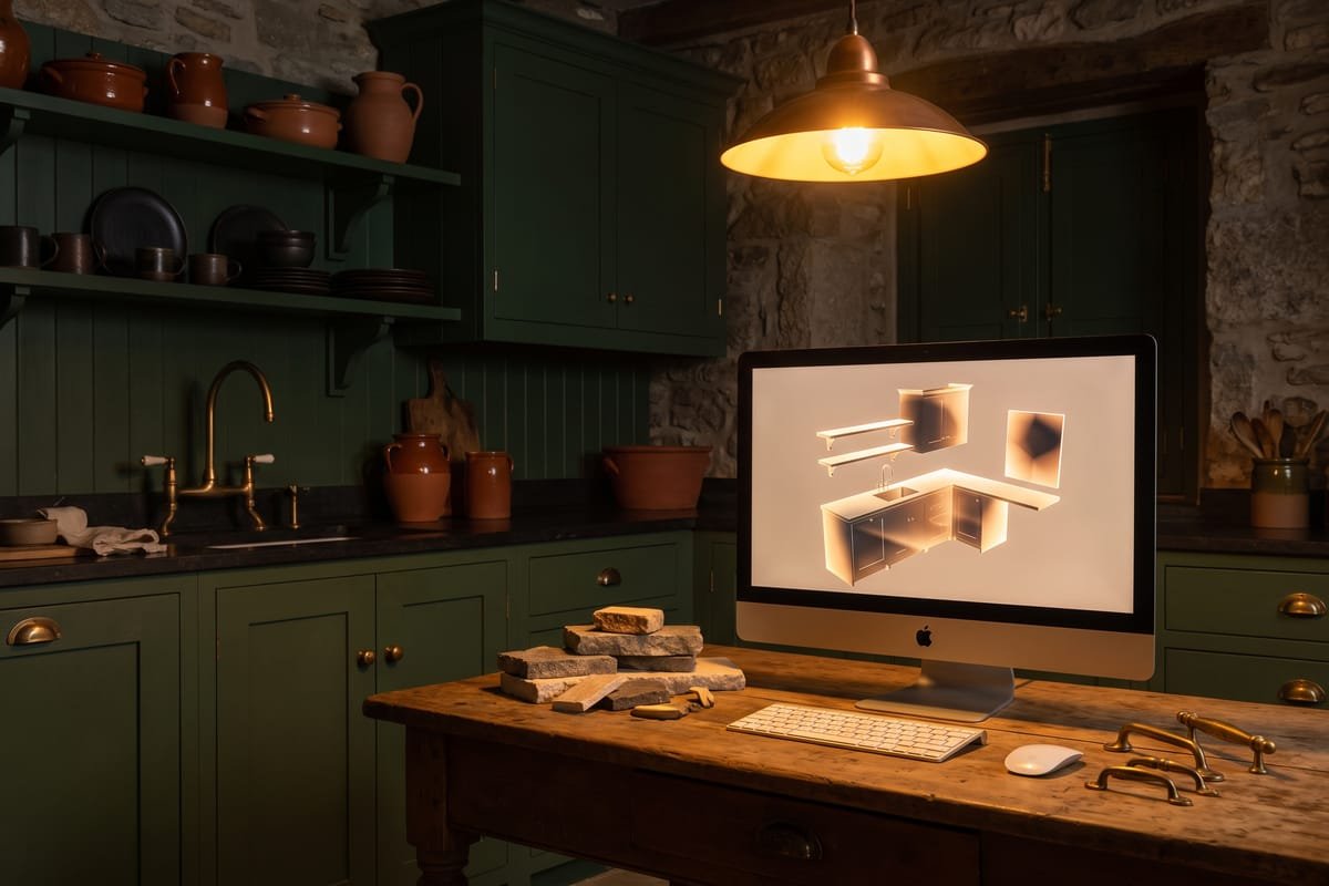 Monitor com o 3D da cozinha, amostras de pedra e ferragens de latão ao lado