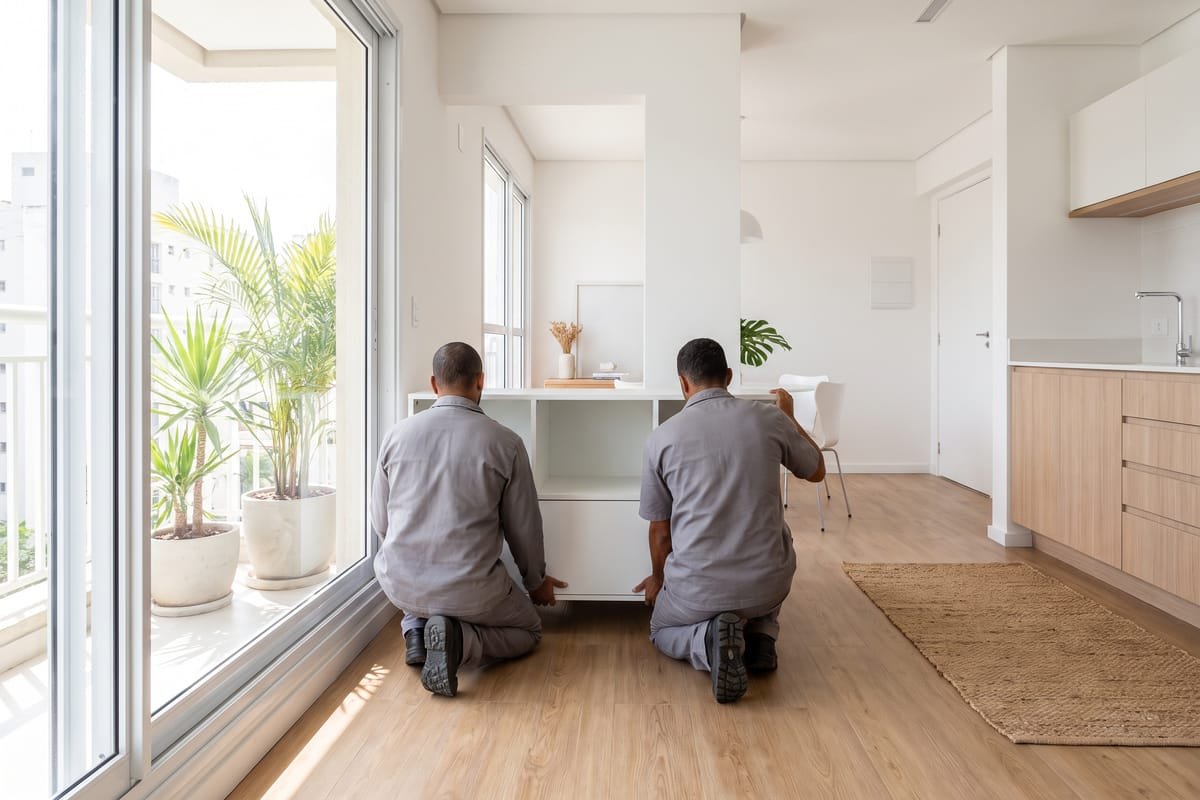 Dois montadores instalando um módulo branco num apartamento