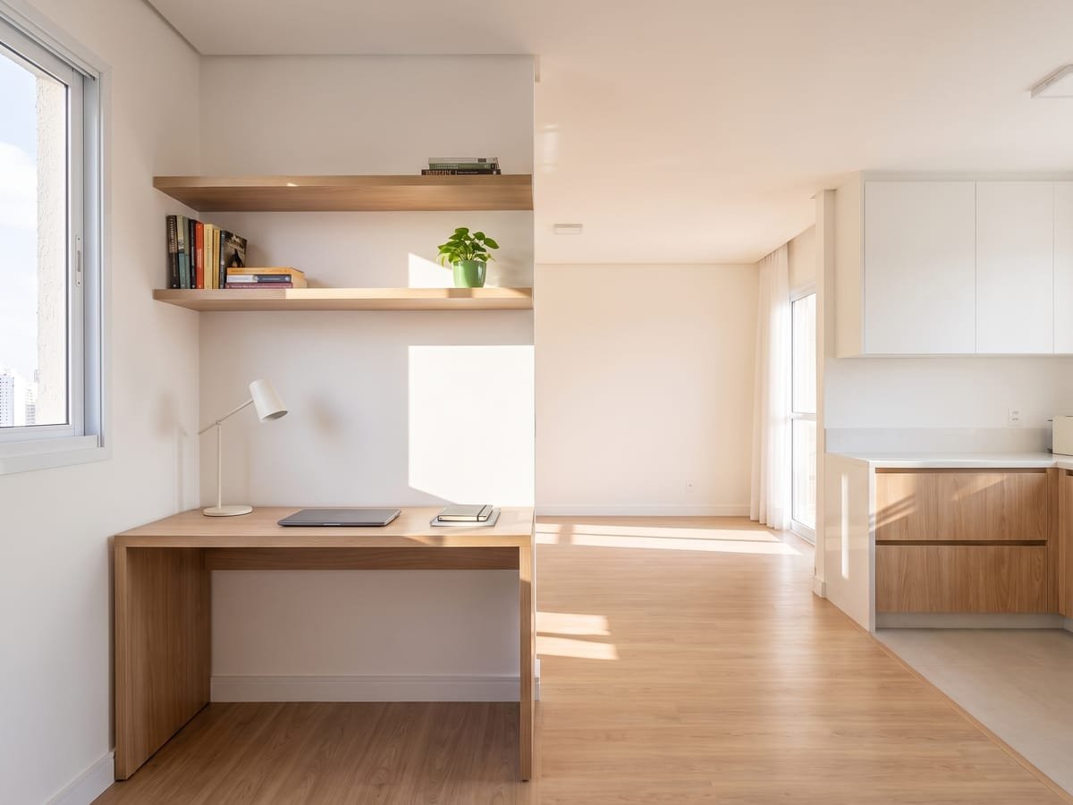 Home office no canto da sala, com bancada de 1,2 m e prateleiras